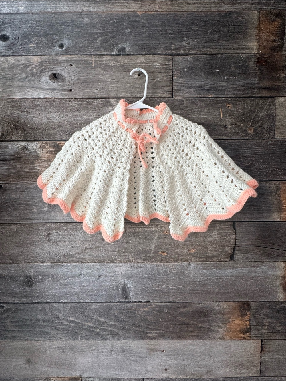 Handmade Vintage Cream Crochet Cape with Peach Trim